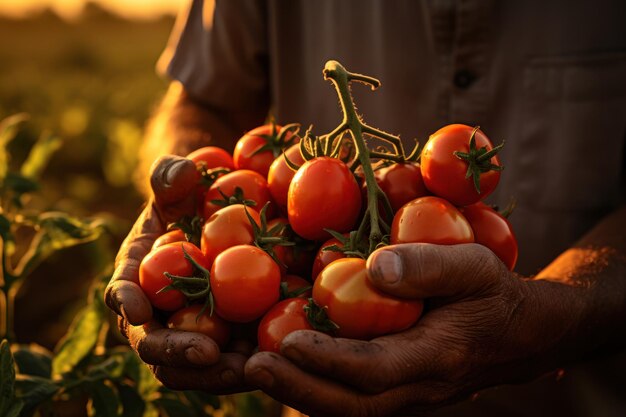 Agriculteur tenant des tomates fraîches le matin Alimentation Légumes Agriculture