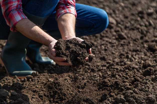 Un agriculteur sur le terrain vérifie le sol Mise au point sélective