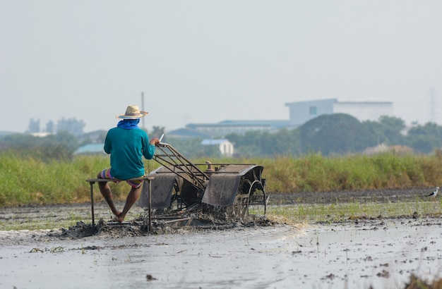 Photo agriculteur thaïlandais conduisant un tracteur motoculteur à labourer la rizière