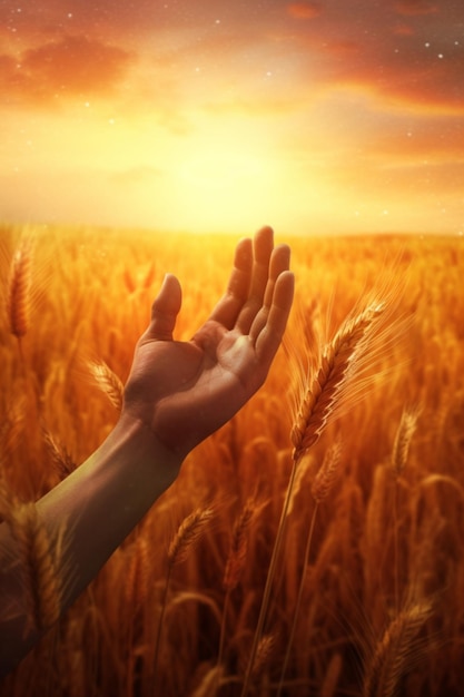 Un agriculteur tient un grain dans sa main sur le fond d'un champ de blé