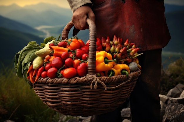 Photo un agriculteur tient des légumes dans son panier une femme récolte des légumes biologiques à la ferme les légumes de saison récoltés l'agriculture biologique pour un mode de vie sain