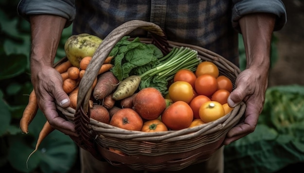 L'agriculteur tient un panier de légumes fraîchement récoltés en gros plan Generative AI