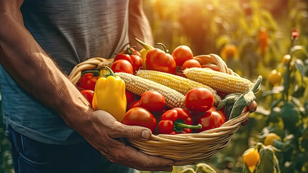 L'agriculteur tient un panier de légumes frais dans le champ Concept de récolte AI générative