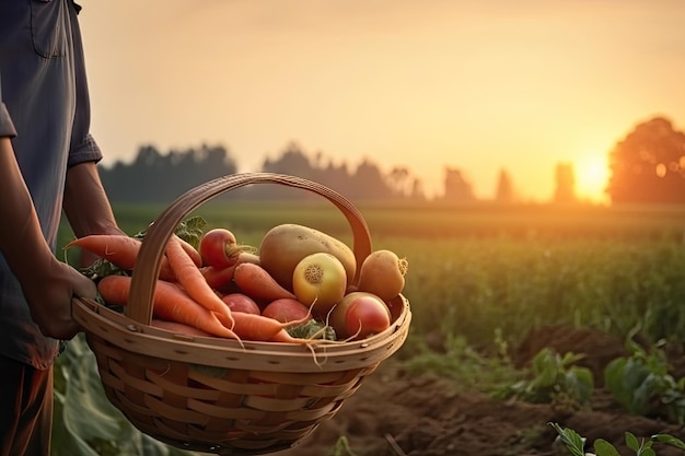 Un agriculteur tient un panier de légumes avec une récolte de fond de ferme