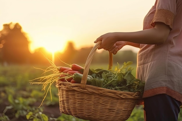 Un agriculteur tient un panier de légumes avec une récolte de fond de ferme