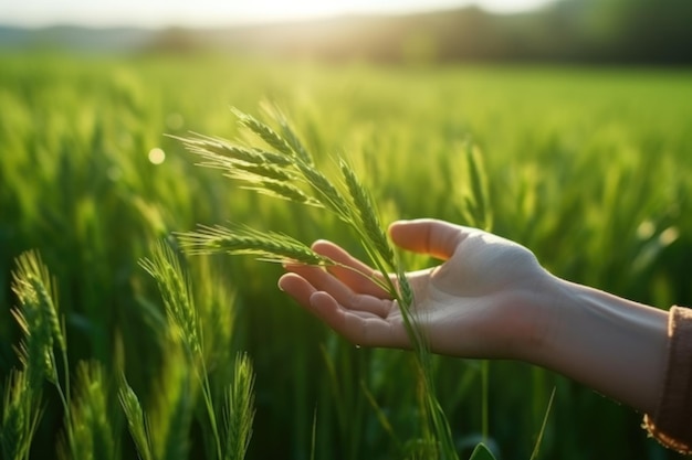 L'agriculteur touche les plantes à la main à la récolte à la ferme AI Génératif