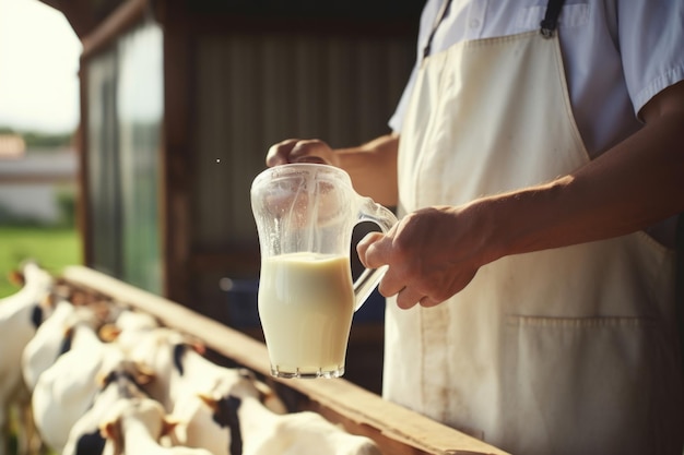 Agriculteur traitant du lait cru dans une ferme laitière