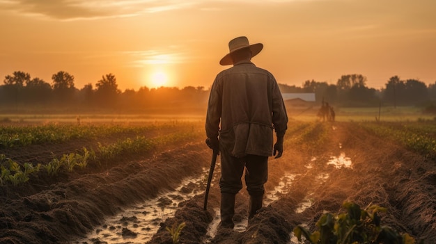 Un agriculteur travaillant dans son champ avec un beau soleil généré par l'IA