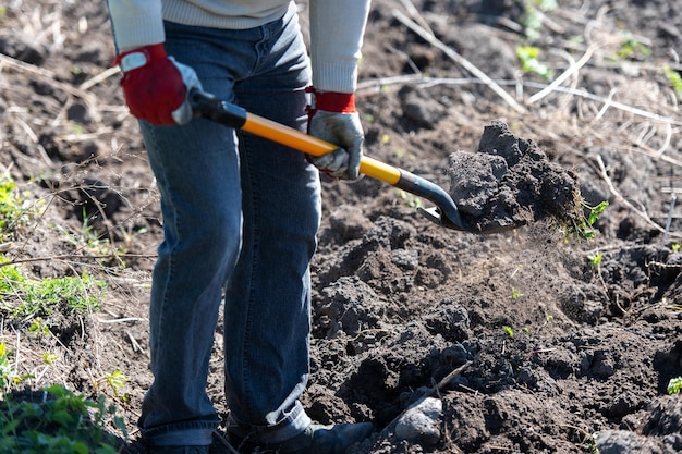 Agriculteur travaillant avec des outils de jardin pelle et brouette sur le site d'une maison de campagne