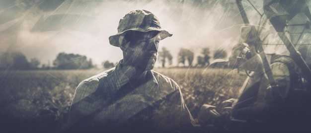 Agriculteur travaillant sur sa ferme illustration photo double exposition