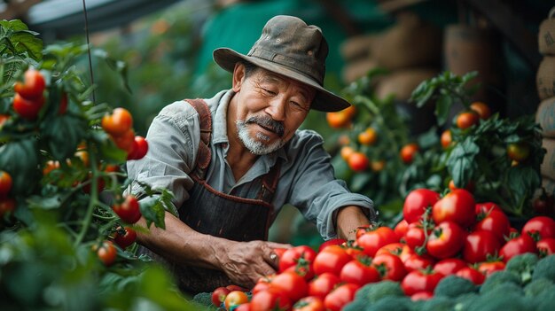 Photo l'agriculteur triant les légumes fraîchement cueillis