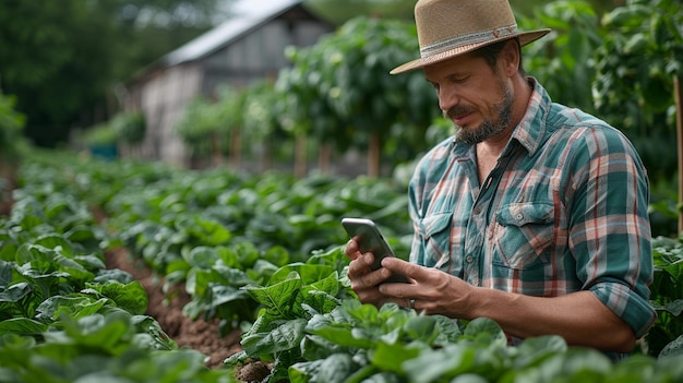 L'agriculteur utilise une application pour smartphone à distance en arrière-plan