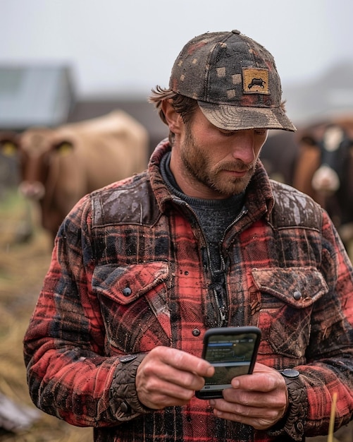 L'agriculteur utilise une application pour smartphone pour surveiller le papier peint