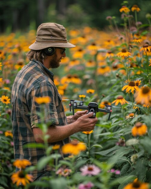 Un agriculteur utilise un drone équipé de fond