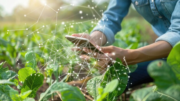 Photo l'agriculteur utilise le réseau de données de base sur internet à partir du mobile pour valider le test et sélectionner la nouvelle méthode de culture les jeunes agriculteurs et la culture du tabac