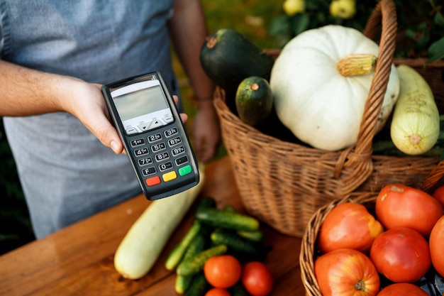 L'agriculteur vend une borne NFC Enlève les fruits de la nature dans le panier Jardinier travaillant