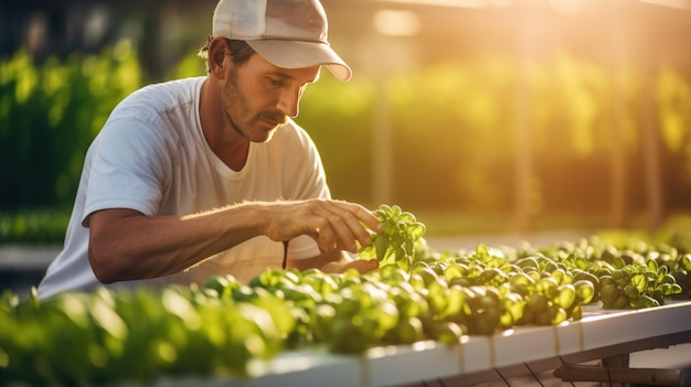 Agriculteur vérifiant la qualité des plants de laitue verte poussant dans une serre hydroponique