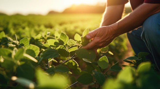 L'agriculteur vérifie les feuilles des plantes vertes de ses champs