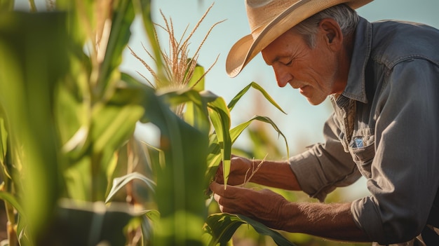 L'agriculteur vérifie les germes de maïs