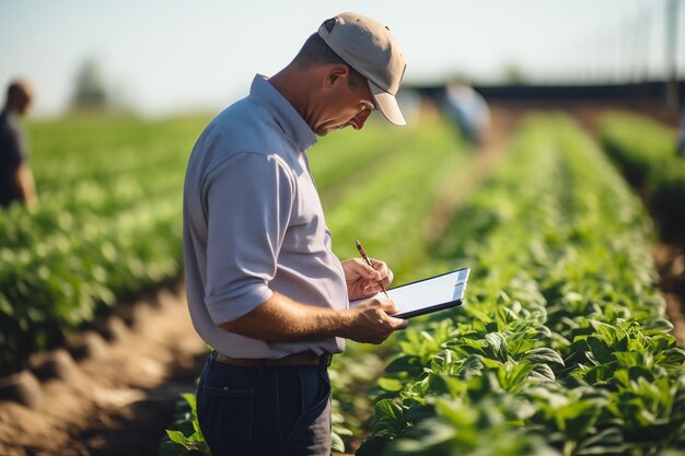 Un agriculteur vérifie la qualité des plants de tabac dans le champ à l'aide d'une tablette