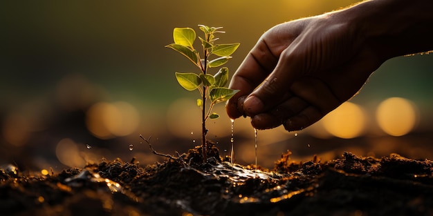 Les agriculteurs arrosent à la main les jeunes plantes