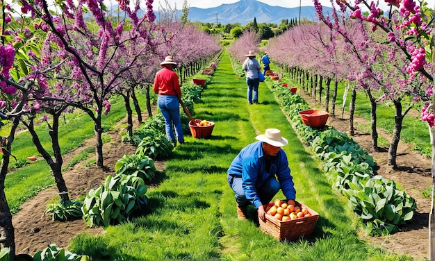 agriculteurs cueillant des pommes dans le champ