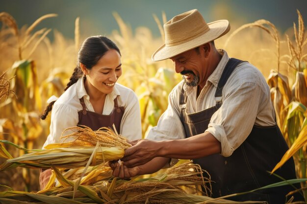 Agriculteurs latino-américains récoltant dans un champ de maïs