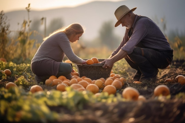 Agriculteurs locaux récoltant au champ de citrouilles d'automne