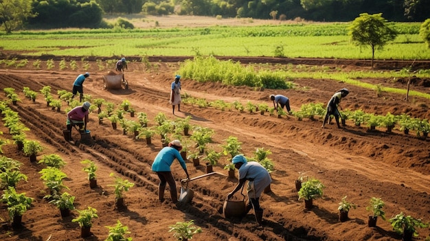 agriculteurs plantant des légumes dans le champ