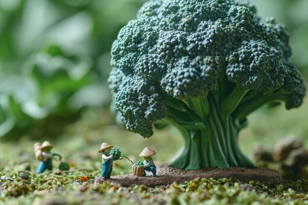 Des agriculteurs récoltent du brocoli en 3D