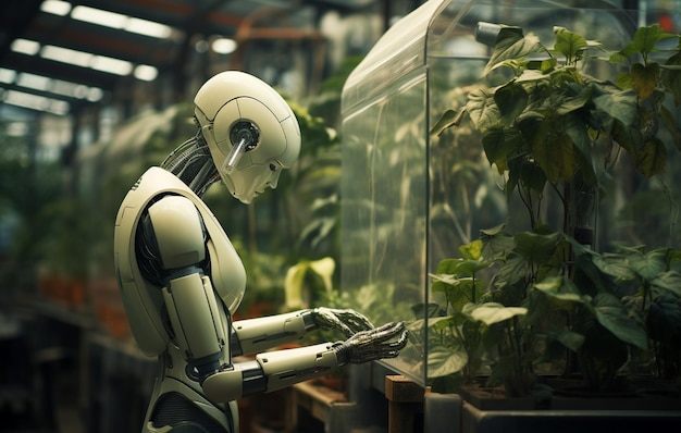 Les agriculteurs robotiques intelligents dans l'agriculture l'automatisation robotique futuriste à la ferme de légumes