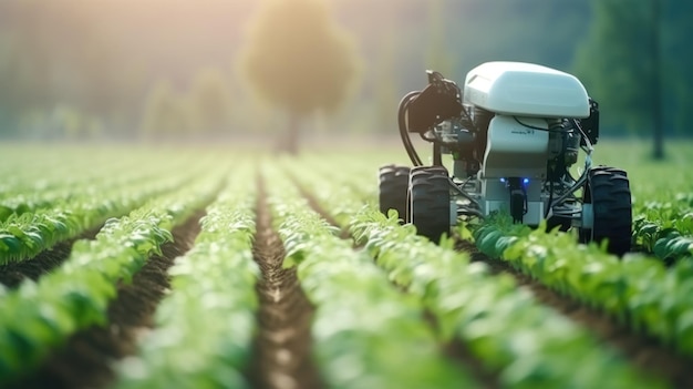 Agriculteurs robotiques intelligents dans l'automatisation robotique futuriste de l'agriculture pour travailler à pulvériser des engrais chimiques ou à augmenter l'efficacité