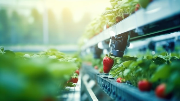 Agriculteurs robotiques intelligents fraises dans l'automatisation robotique futuriste de l'agriculture pour travailler ou augmenter l'efficacité