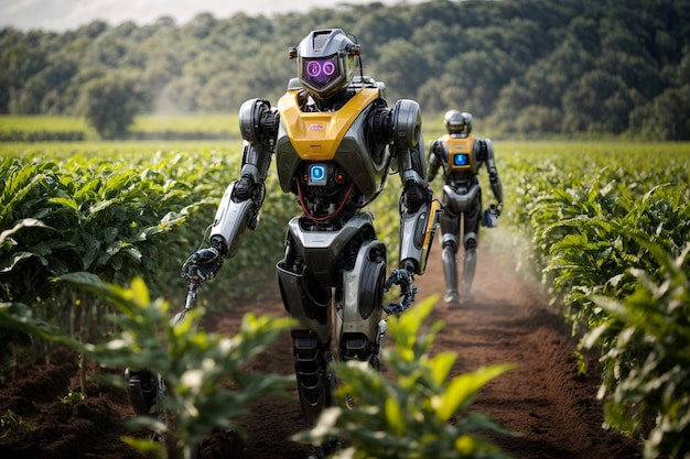 Agriculteurs de robots futuristes travaillant sur le terrain