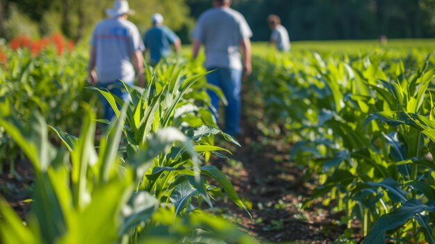 Des agriculteurs s'occupent de rangées de plantes à feuilles hautes qui seront bientôt utilisées comme matière première dans une bioraffinerie.