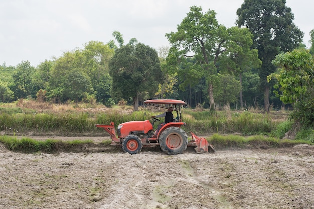 Les agriculteurs thaïlandais utilisent un tracteur pour préparer le sol à la culture du riz.