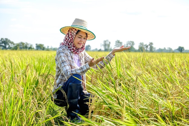 Agricultrice asiatique portant une chemise rayée portant un chapeau assis et regardant la rizière avec un visage souriant