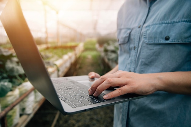 Agricultrice asiatique utilisant une tablette numérique dans un potager à effet de serre