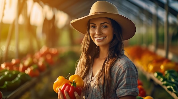 Une agricultrice cultive des poivrons