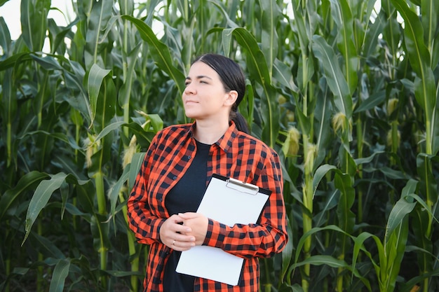 Agricultrice dans un champ d'épis de maïs