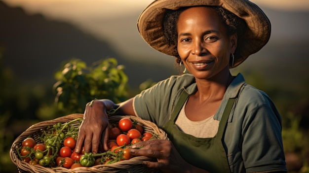 Une agricultrice heureuse d'Afroharvest tient un panier avec des légumes fraîchement cueillis et des sourires