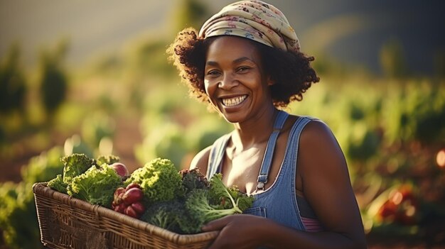 Une agricultrice heureuse d'Afroharvest tient un panier avec des légumes fraîchement cueillis et des sourires