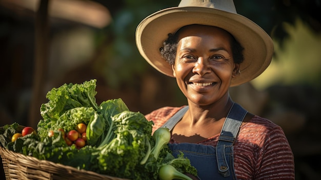 Une agricultrice heureuse d'Afroharvest tient un panier avec des légumes fraîchement cueillis et des sourires