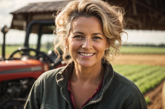 Une agricultrice heureuse travaillant dans une ferme avec un tracteur en arrière-plan