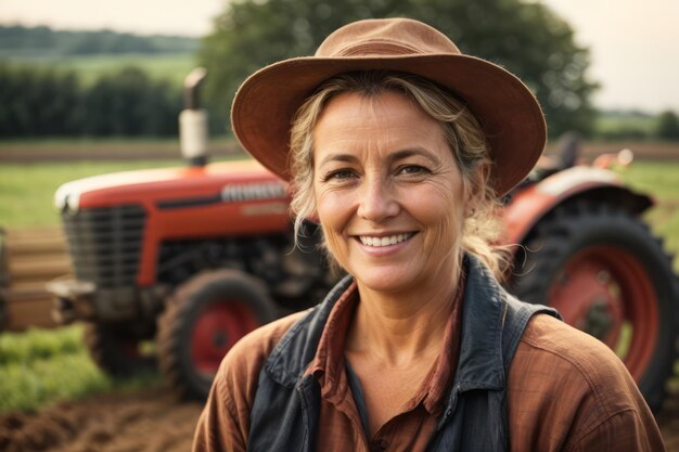 Une agricultrice heureuse travaillant dans une ferme avec un tracteur en arrière-plan