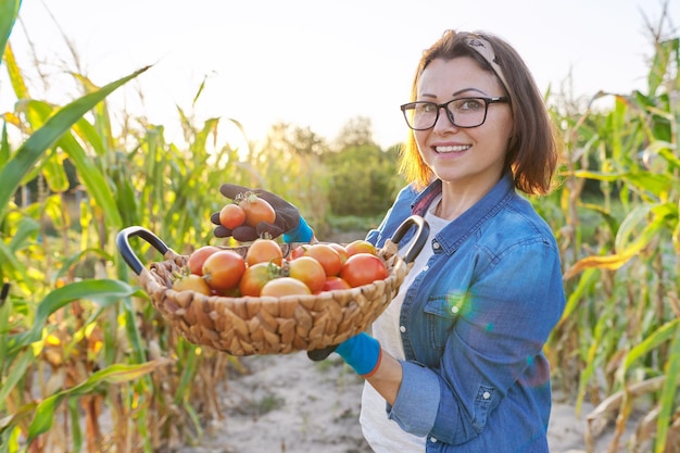 Agricultrice Avec Panier De Tomates Naturelles Rouges Mûres Dans Son Potager Par Temps Ensoleillé Tomates Gros Plan Loisirs Et Loisirs Récolte Jardinage Agriculture Concept D'aliments Biologiques Sains