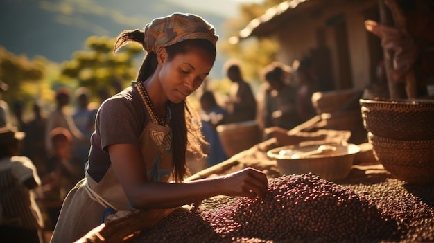Une agricultrice qui cueille des grains de café dans un panier dans une plantation de café arabica et robusta.