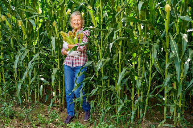 Agricultrice avec une récolte de maïs.