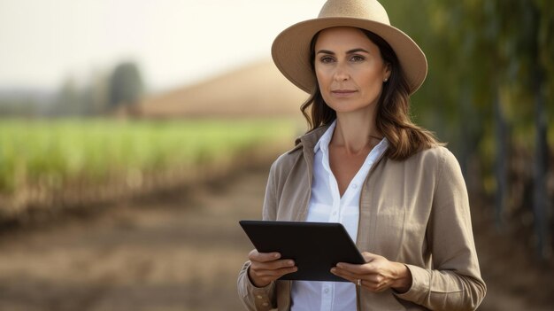 Une agricultrice se tient debout et tient une tablette dans ses mains contre le fond du champ.