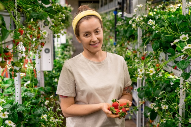 Une agricultrice souriante tenant des fraises mûres rouges